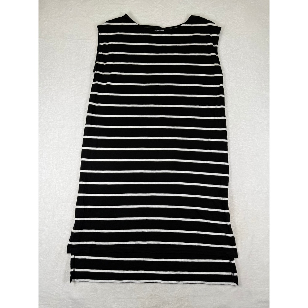 Eileen Fisher Black White Striped Organic Cotton Sleeveless Tunic Dress Medium